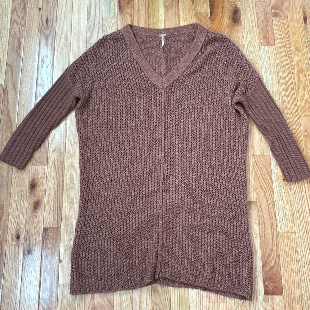 Free People Knit V-Neck Long Sweater Tan Brown Coffee